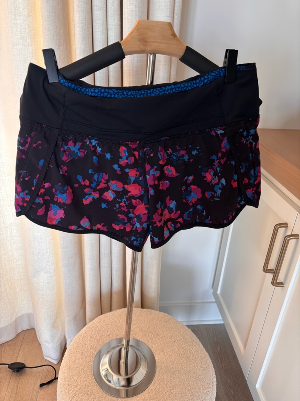 Lululemon Black Floral Active Shorts with Pink & Blue Accents